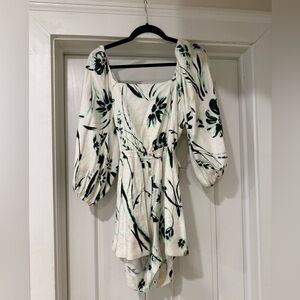 Tanya Taylor Cream Floral Puff-Sleeve Romper with Black & Green Print